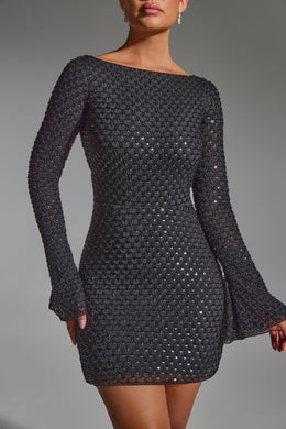 Embellished Open-Back A-Line Mini Dress in Black