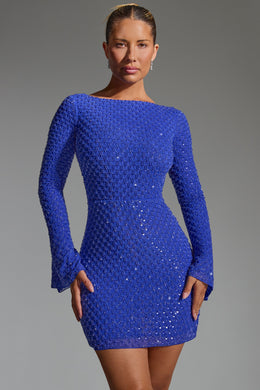 Embellished Open-Back A-Line Mini Dress in Cobalt Blue