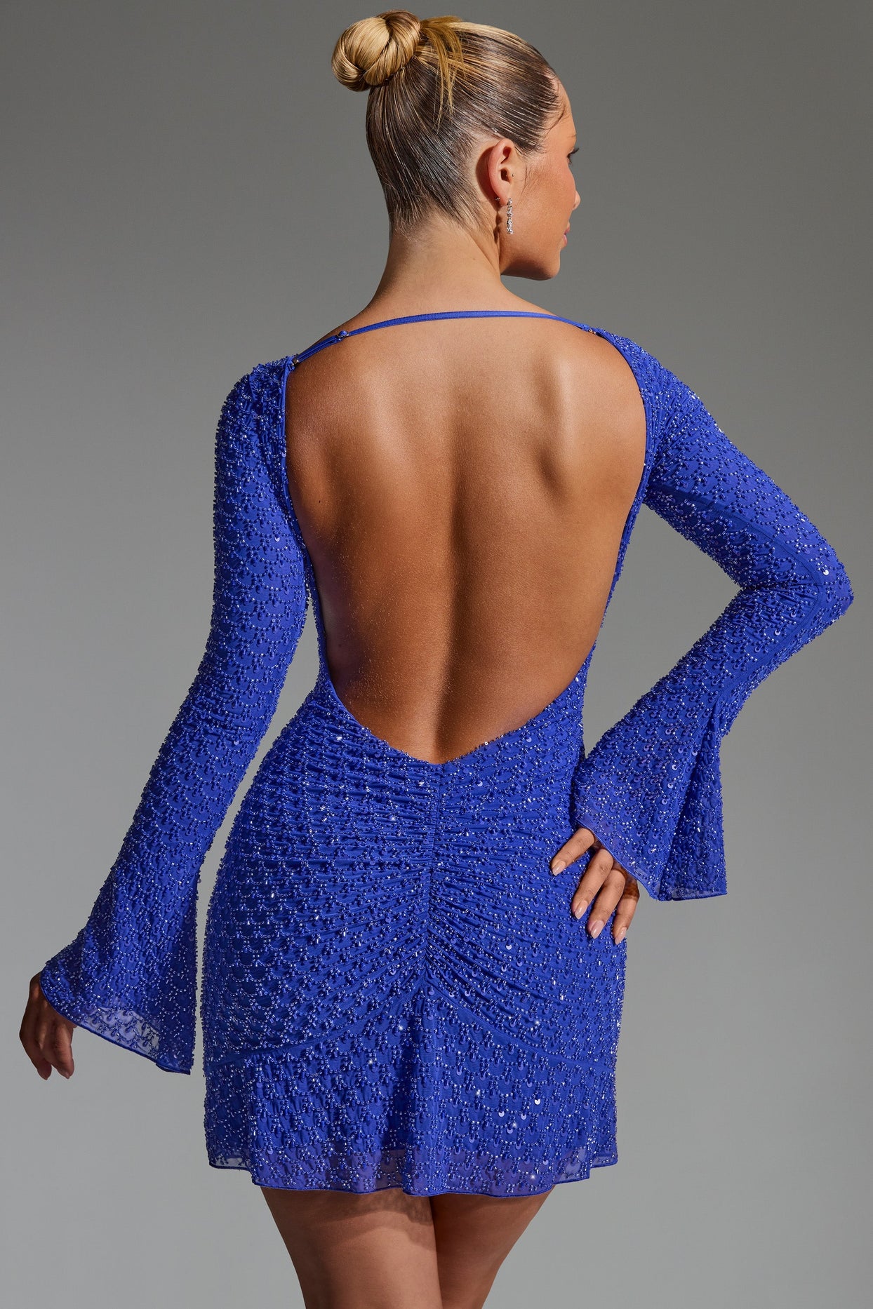 Embellished Open-Back A-Line Mini Dress in Cobalt Blue