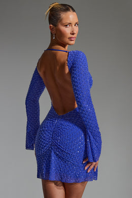 Embellished Open-Back A-Line Mini Dress in Cobalt Blue