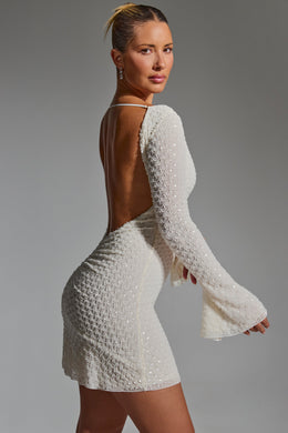 Embellished Open-Back A-Line Mini Dress in White