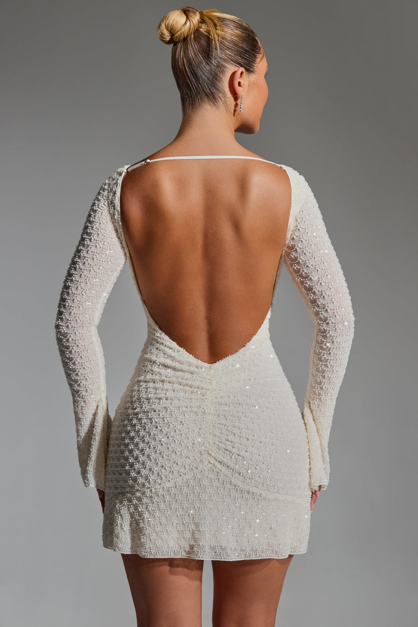 Embellished Open-Back A-Line Mini Dress in White - 2