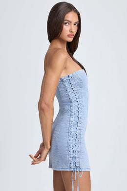 Bandeau Lace-Up Mini Dress in Light Blue Stonewash