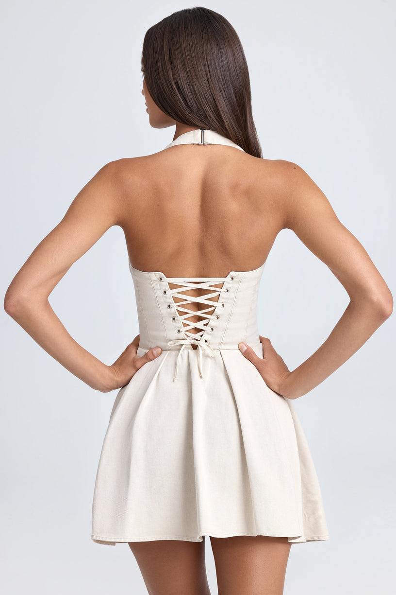 Halterneck Corset Micro Mini Dress in Ecru - 2