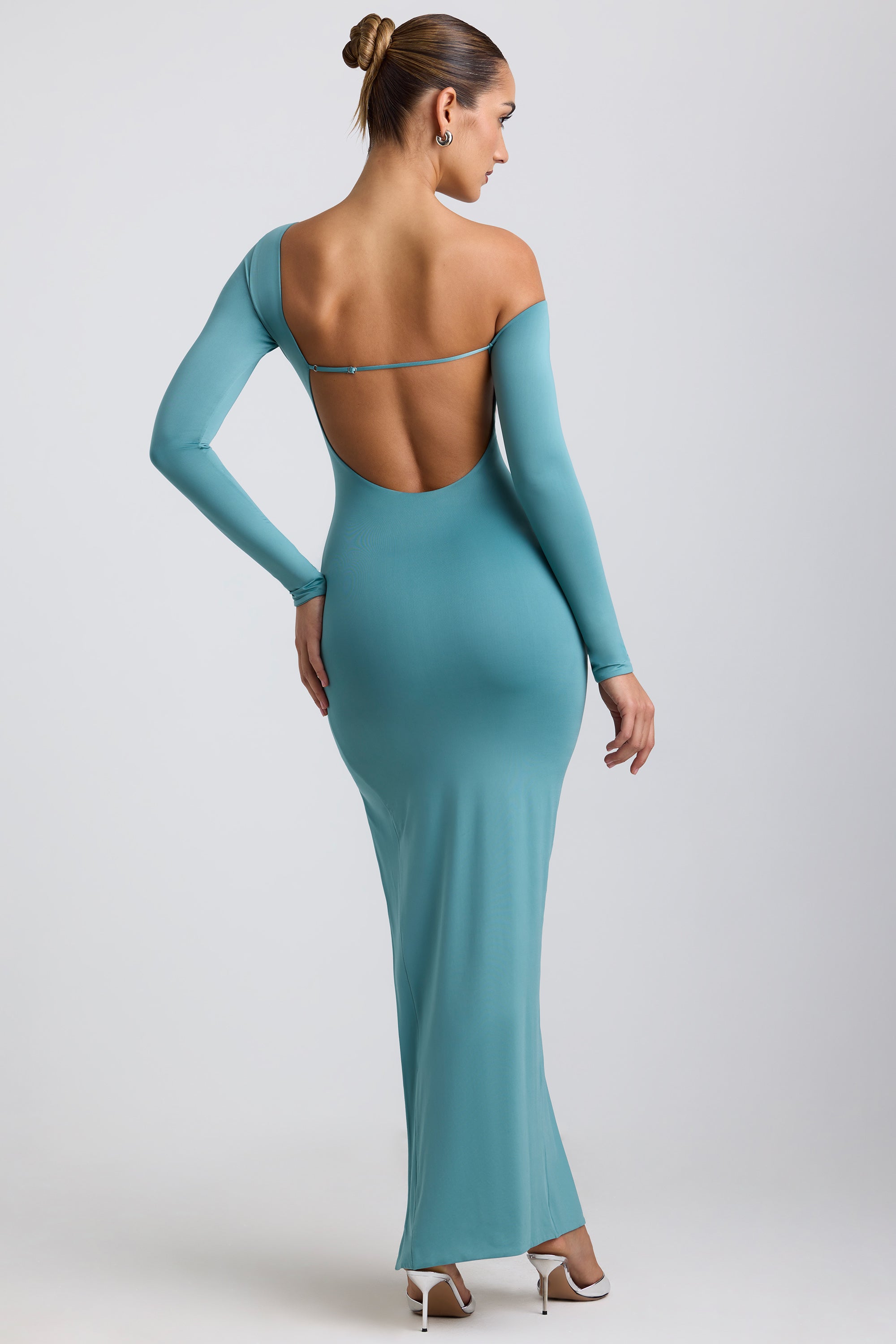 Valeda Slinky Jersey Asymmetric Ruched Hardware Detail Maxi Dress in Sea Green Oh Polly