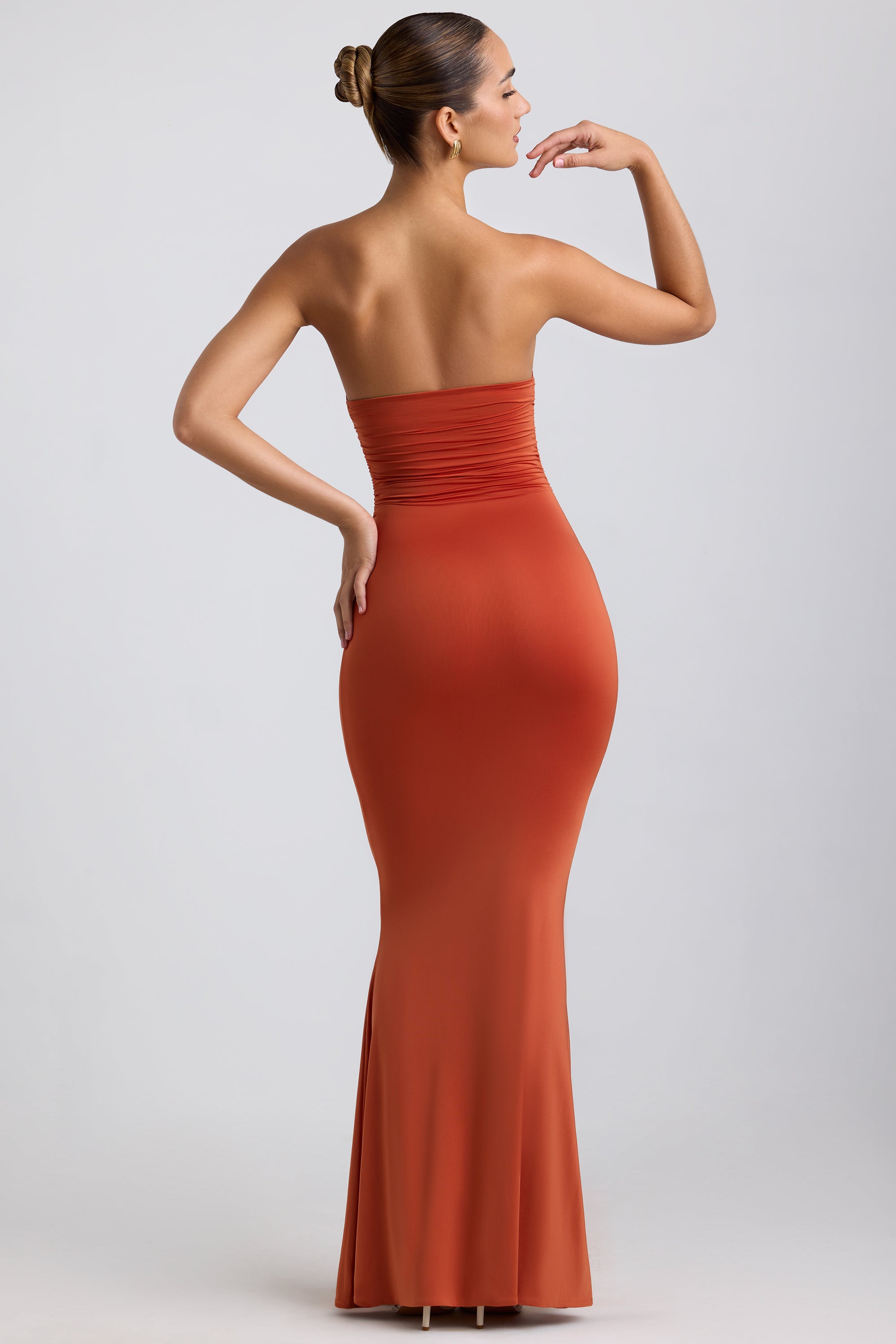 Kehlani Slinky Jersey Hardware Detail Strapless Maxi Dress in Burnt Orange Oh Polly