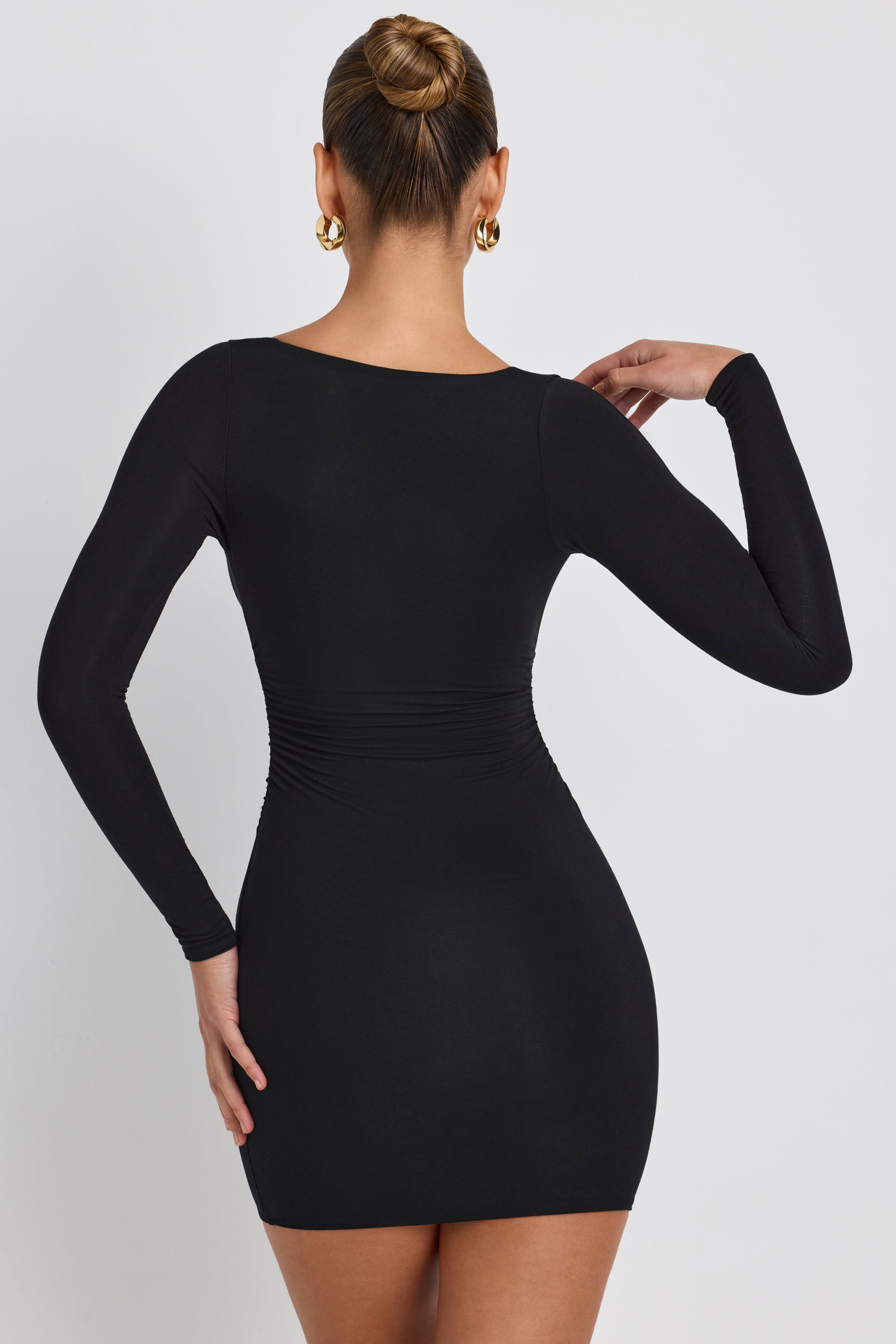 Modal Ruched Long-Sleeve Mini Dress in Black