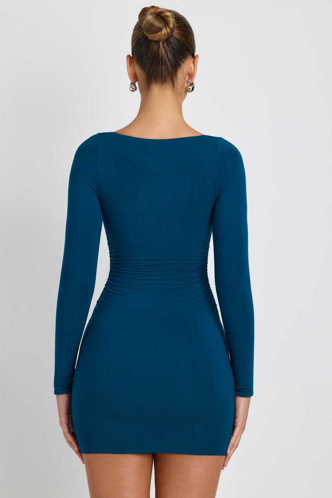 Modal Ruched Long-Sleeve Mini Dress in Deep Teal