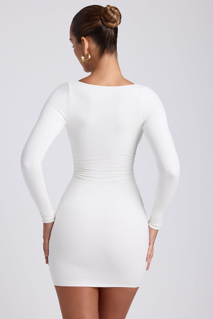 Ruched Long-Sleeve Mini Dress in White