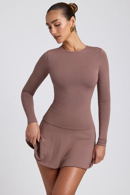 Modal Ruched Crew-Neck Mini Dress in Taupe