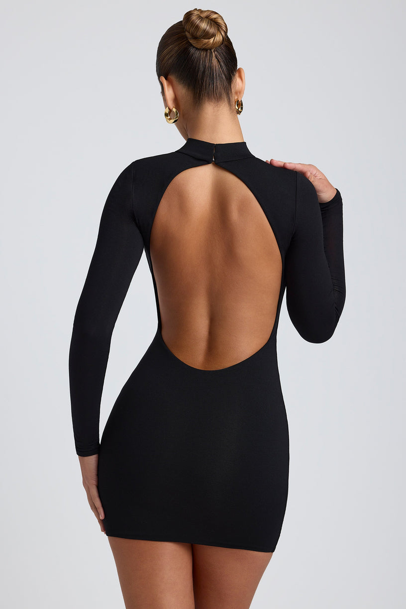 Modal Open-Back Long-Sleeve Mini Dress in Black - 1