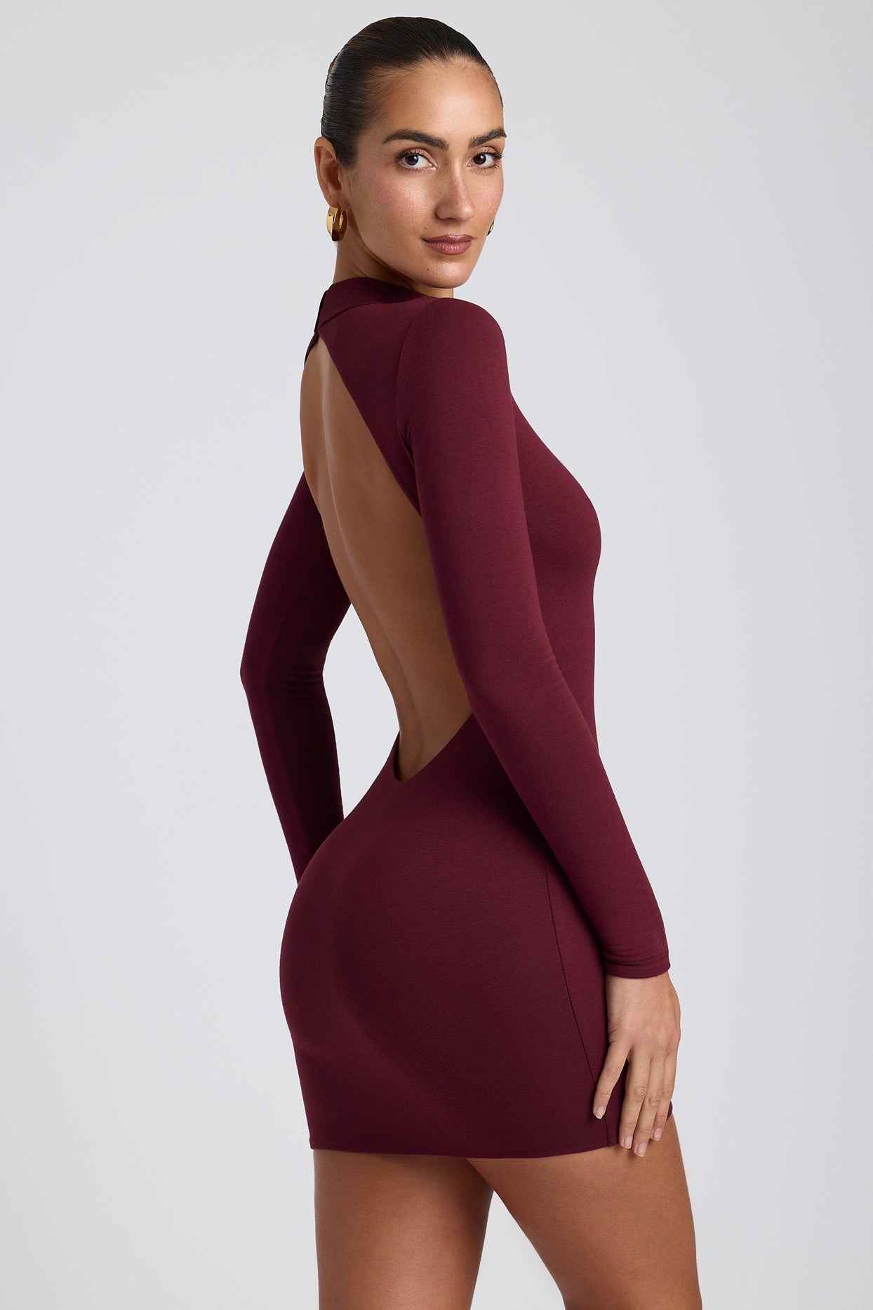 Modal Open-Back Long-Sleeve Mini Dress in Plum Modal Open-Back Long-Sleeve Mini Dress in Plum