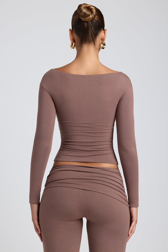 Twist-Front Long-Sleeve Crop Top in Taupe