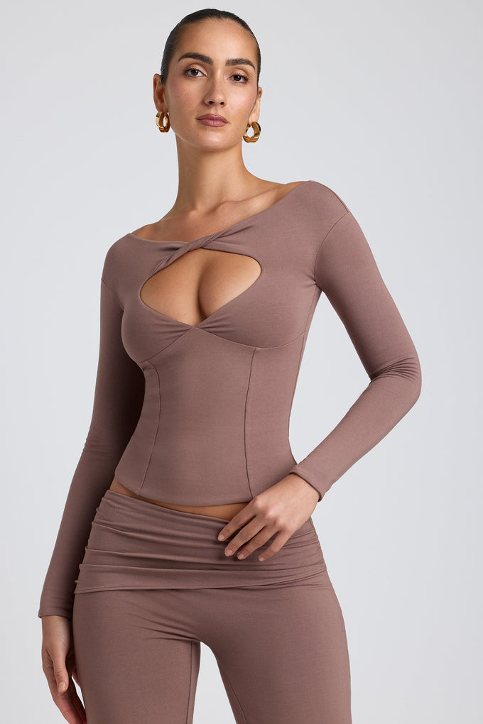 Twist-Front Long-Sleeve Crop Top in Taupe