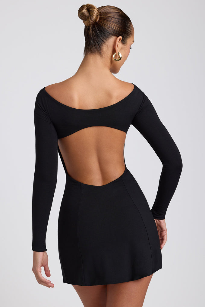 Twist-Front Long-Sleeve Mini Dress in Black