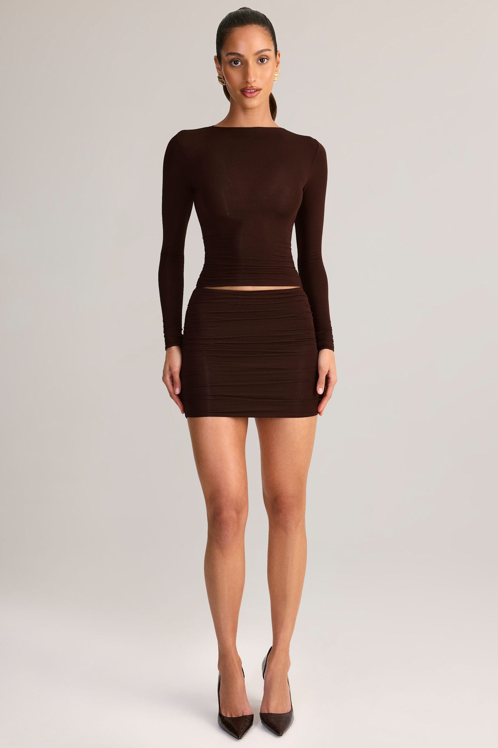 Modal Ruched Mid-Rise Mini Skirt in Chocolate Brown - 1