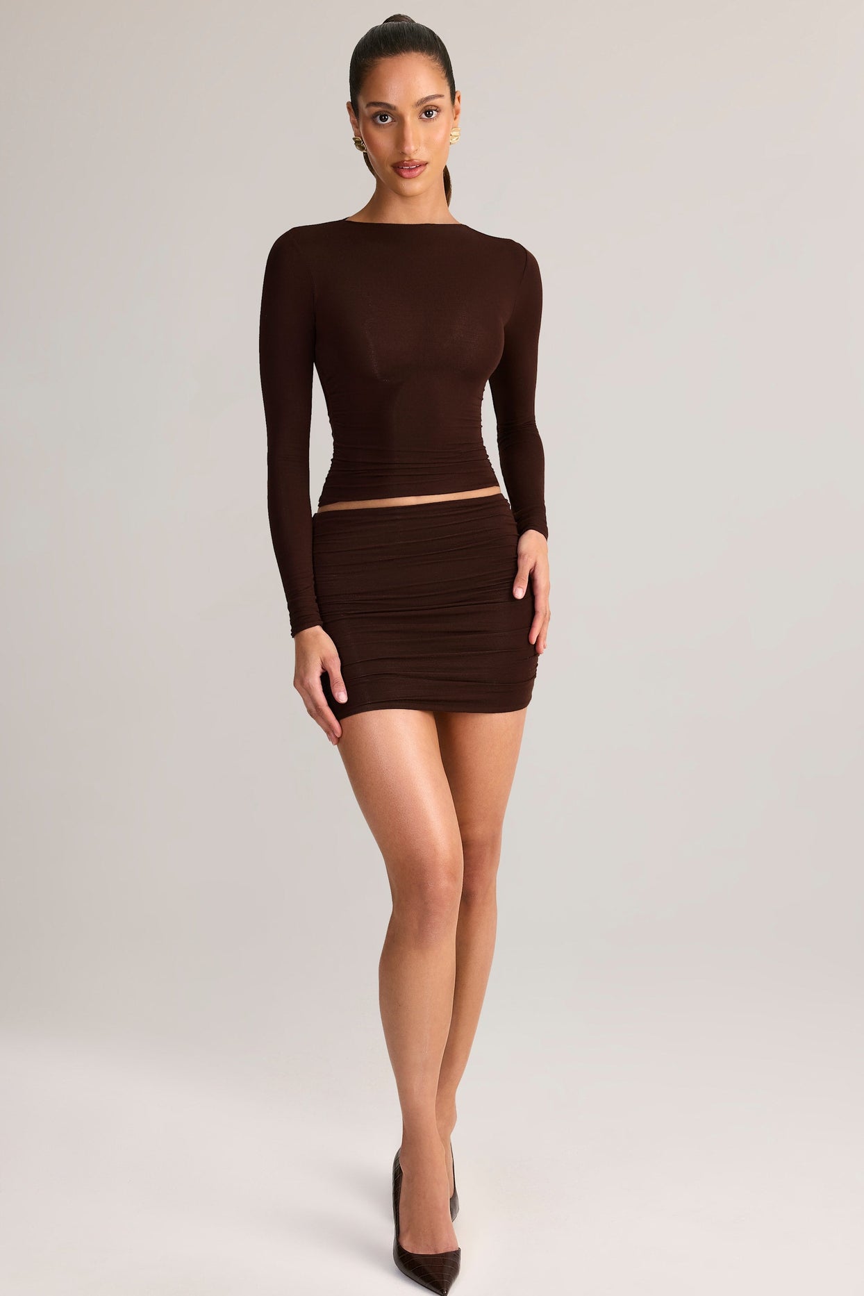 Modal Ruched Mid-Rise Mini Skirt in Chocolate Brown
