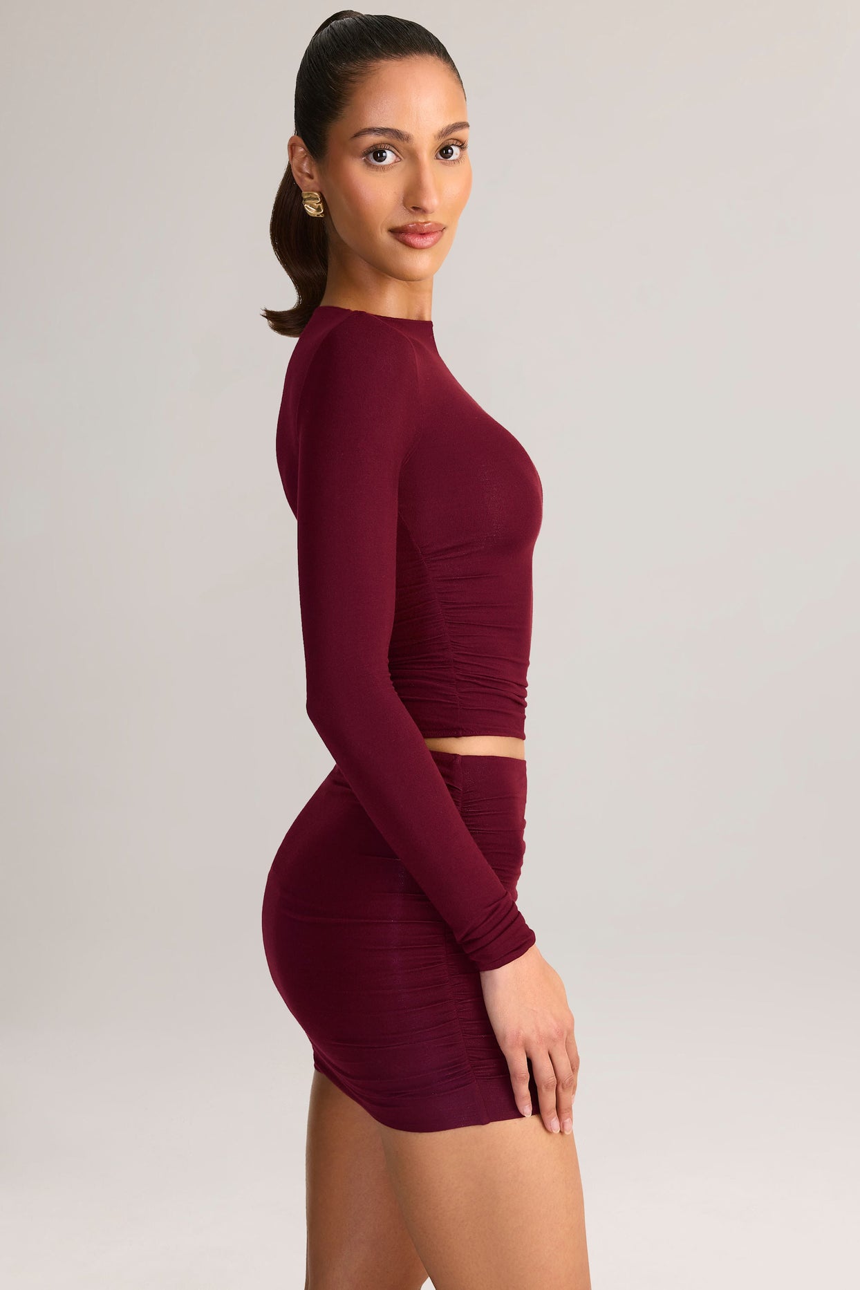 Modal Ruched Mid-Rise Mini Skirt in Wine Red