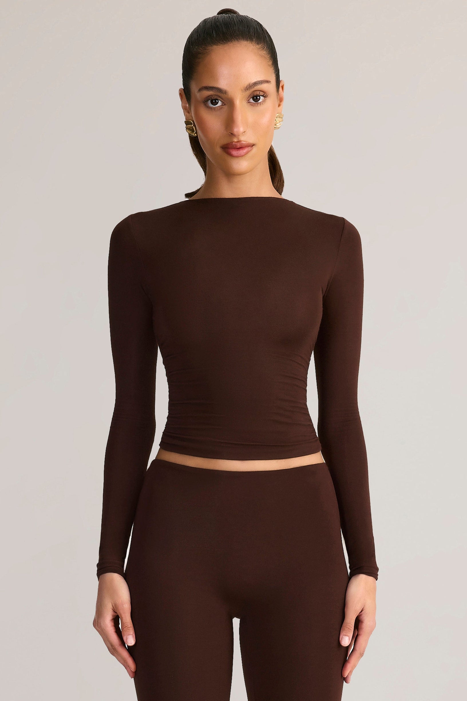 Modal Ruched Long-Sleeve Top in Chocolate Brown - 1