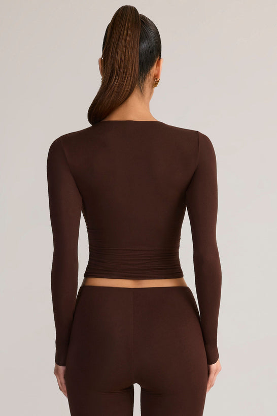 Modal Ruched Long-Sleeve Top in Chocolate Brown