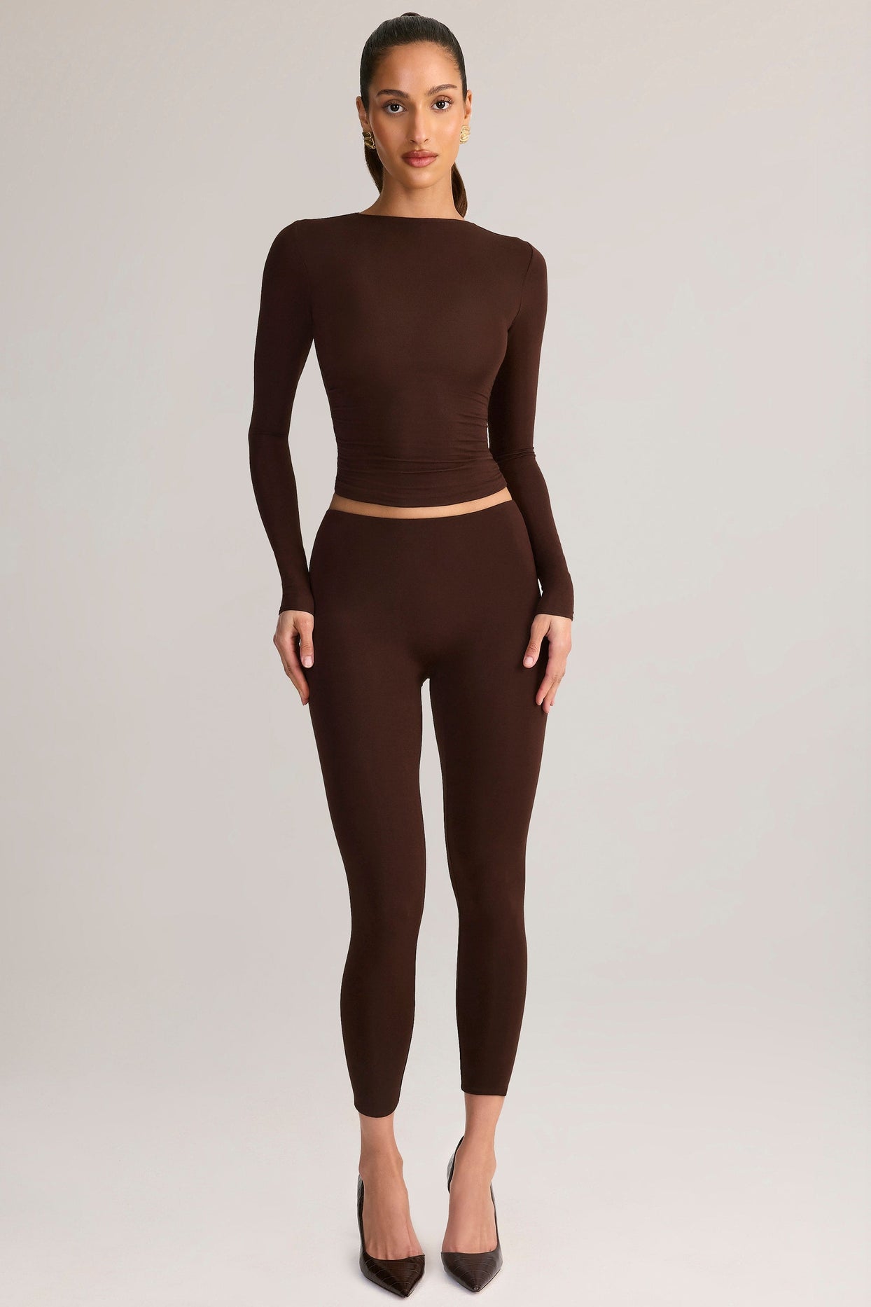 Modal Ruched Long-Sleeve Top in Chocolate Brown