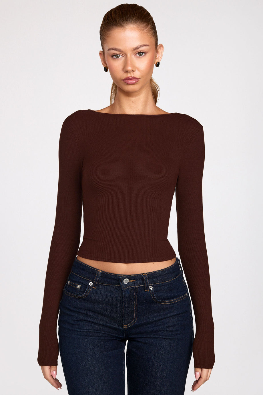 Modal Ruched Long-Sleeve Top in Chocolate Brown