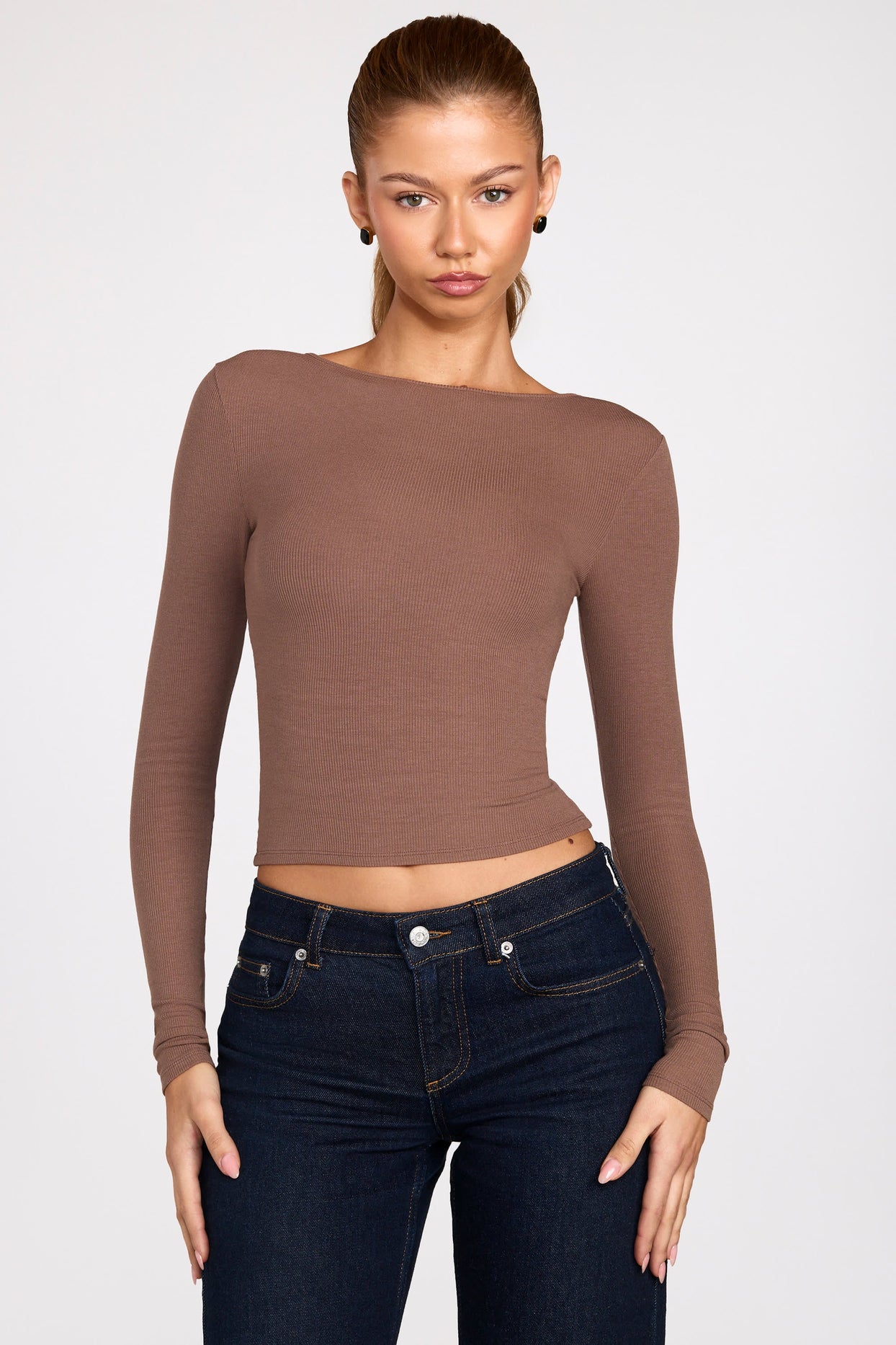 Modal Ruched Long-Sleeve Top in Mocha