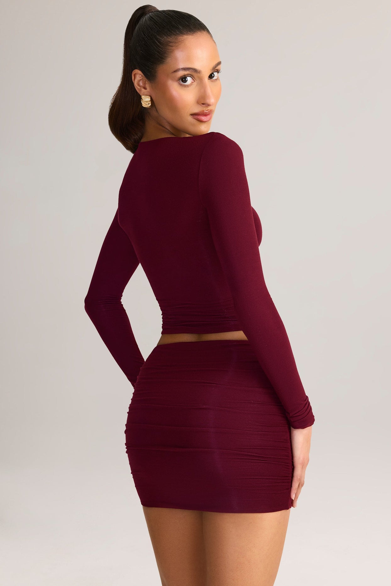 Modal Ruched Long-Sleeve Top in Wine