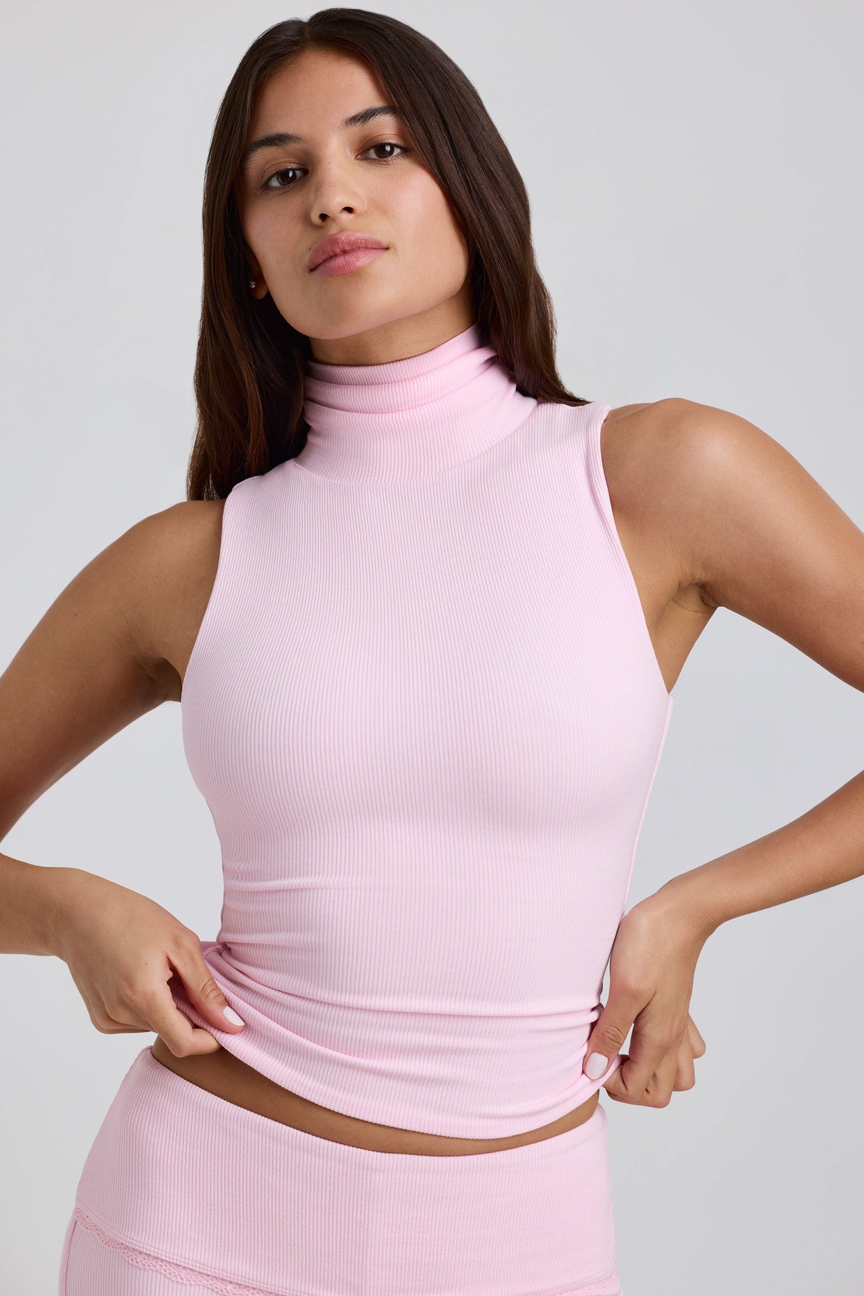 Delia Ribbed Modal Turtleneck Tank Top in Blossom Pink | Oh Polly
