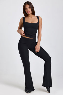 Tall Ribbed Modal Mid-Rise Foldover Flared Trousers in Black