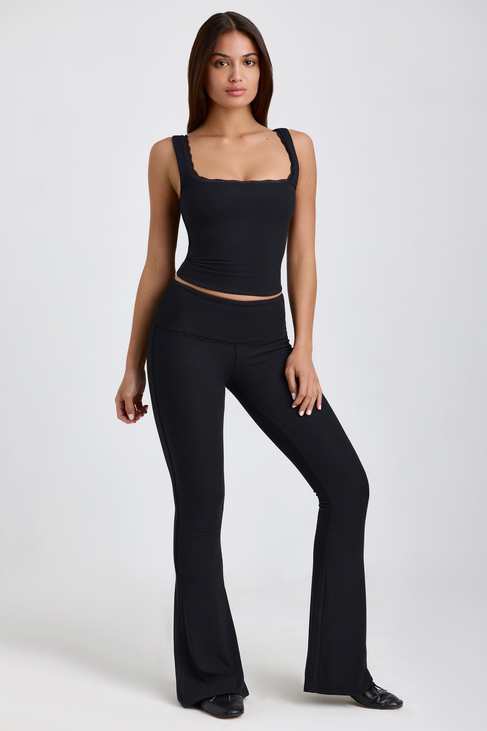 Ribbed Modal Mid-Rise Foldover Flared Trousers in Black