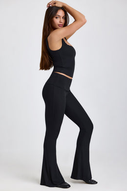 Petite Ribbed Modal Mid-Rise Foldover Flared Trousers in Black