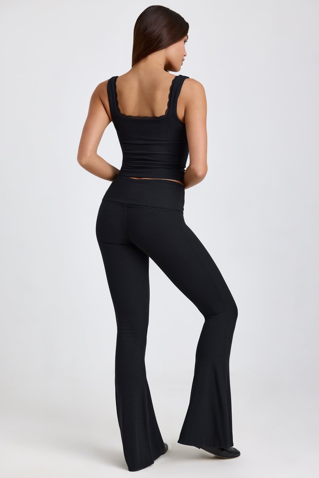 Tall Ribbed Modal Mid-Rise Foldover Flared Trousers in Black