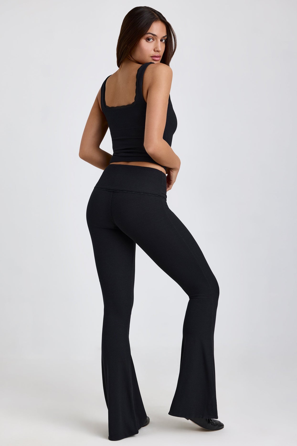 Petite Ribbed Modal Mid-Rise Foldover Flared Trousers in Black