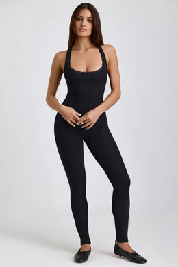 Petite Ribbed Modal Lace-Trim Jumpsuit in Black