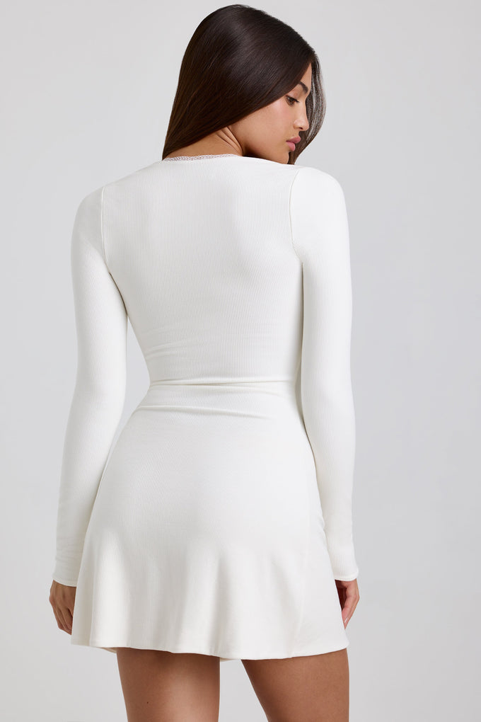 Ribbed Modal Lace-Trim Mini Dress in White