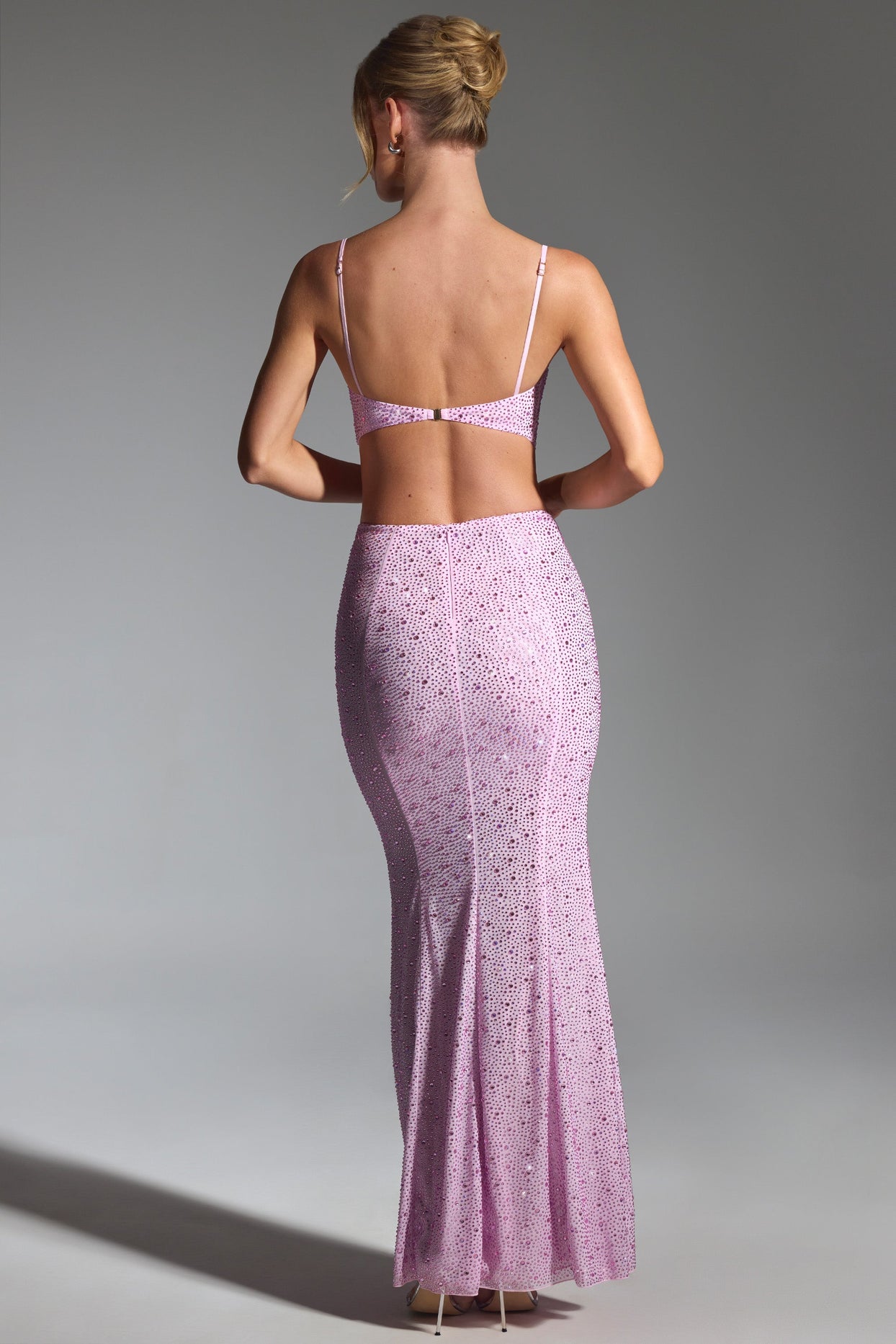 Embellished Cut-Out Fishtail Maxi Dress in Peony Pink