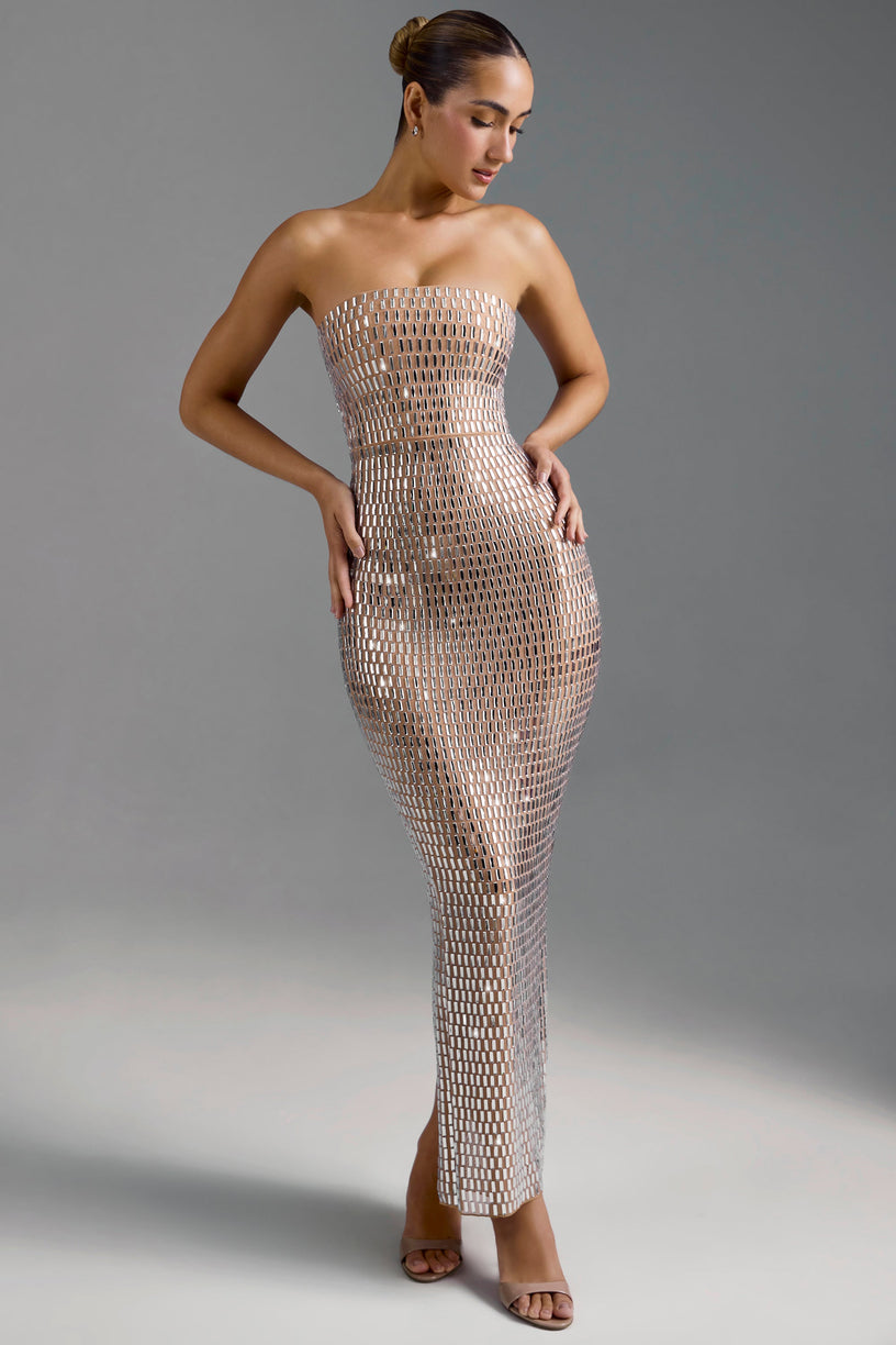Embellished Bandeau Maxi Dress in Almond - 2