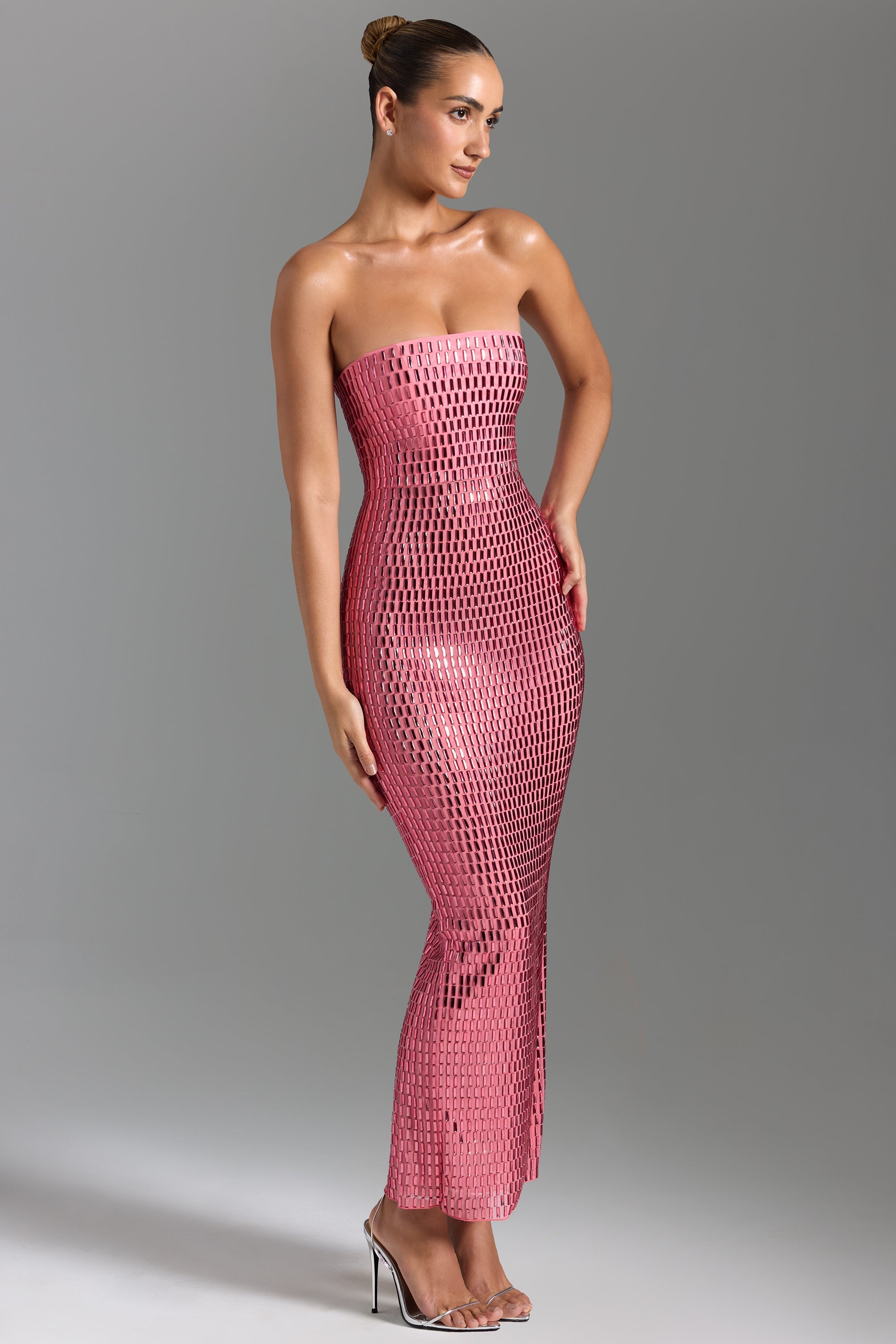 Embellished Strapless Bandeau Maxi Dress in Watermelon