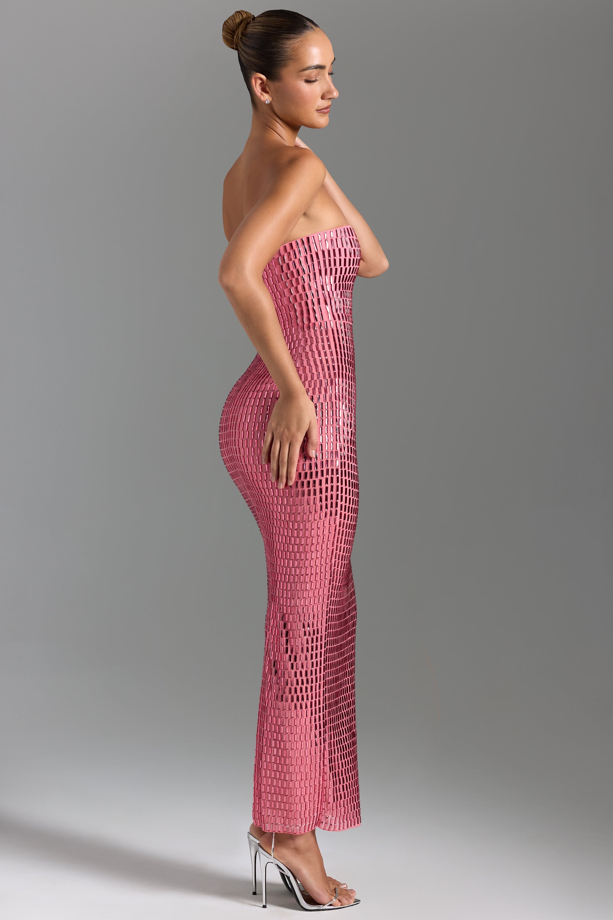 Embellished Strapless Bandeau Maxi Dress in Watermelon