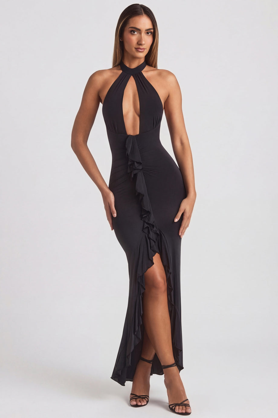 Oh Polly's Sienna wearing the Apolline Gown Length Dress in Black Sheer Jersey fabric perfect for red carpet moments