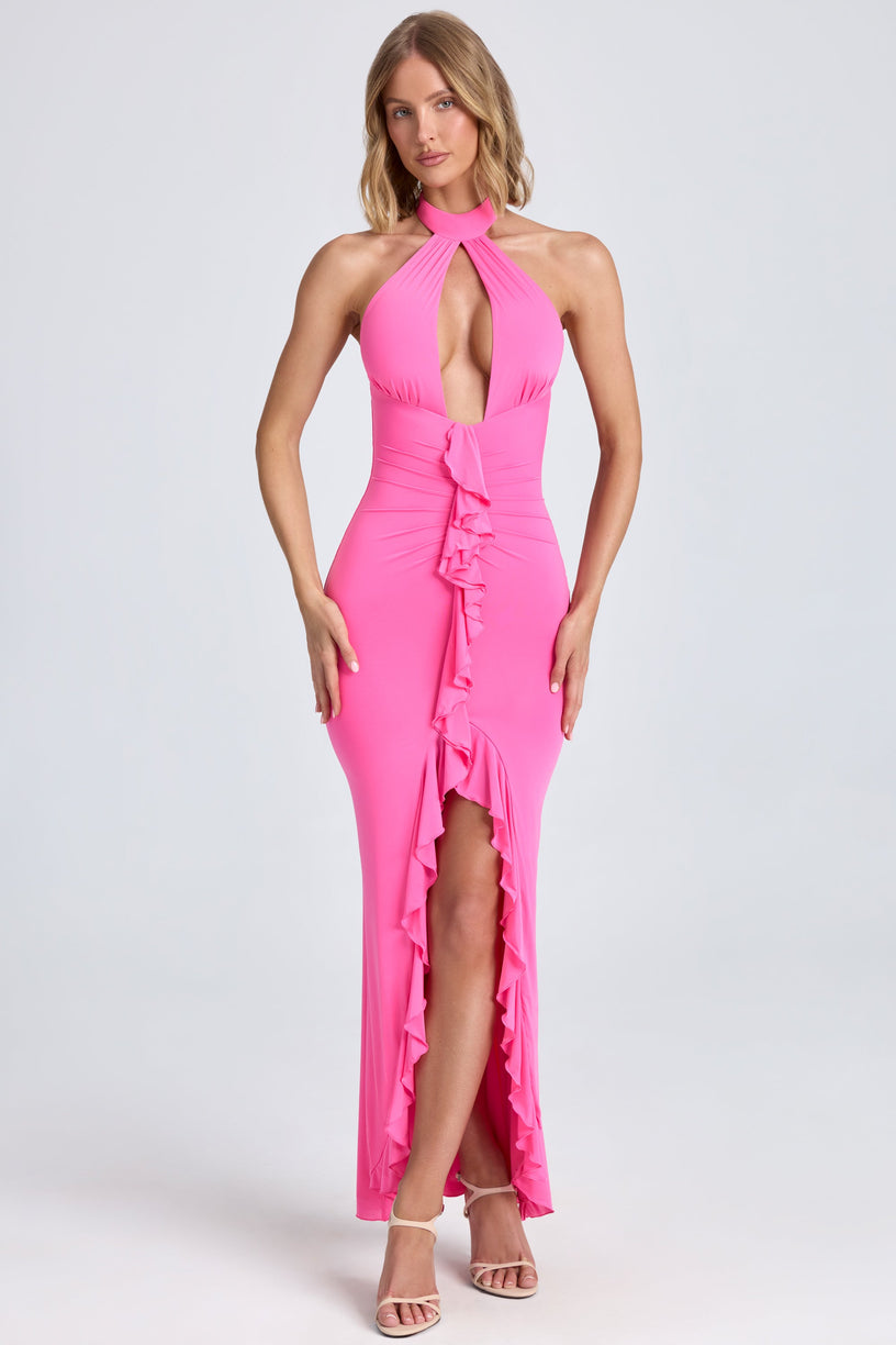 Ruffle-Trim Halterneck Gown in Lollipop Pink - 1
