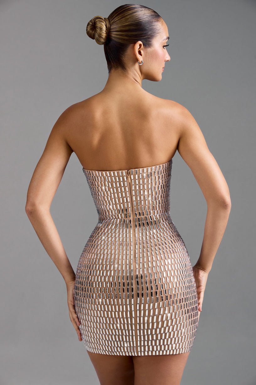Embellished Bandeau Mini Dress in Almond - 2
