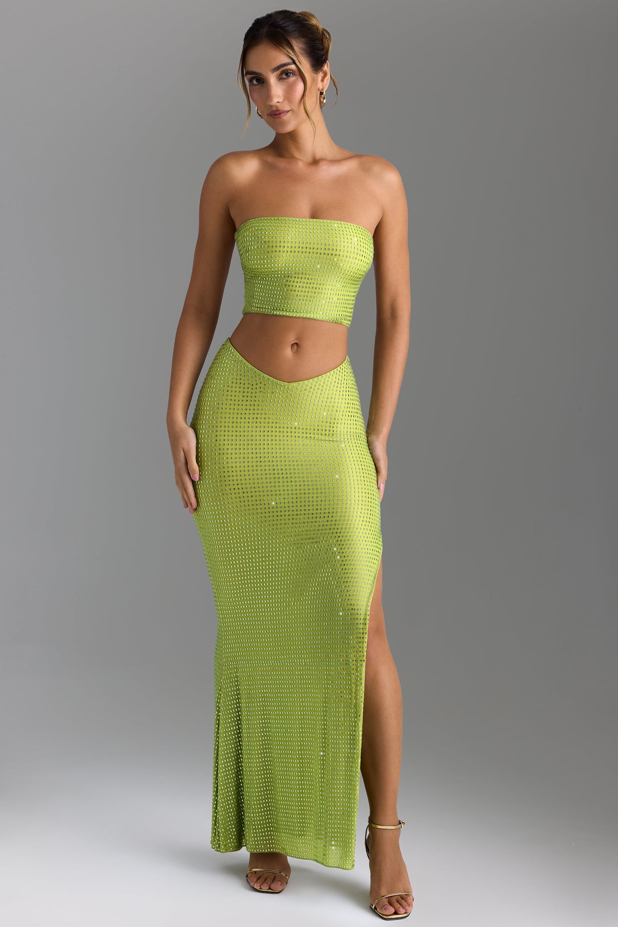 Embellished V-Waist Maxi Skirt in Pear Green