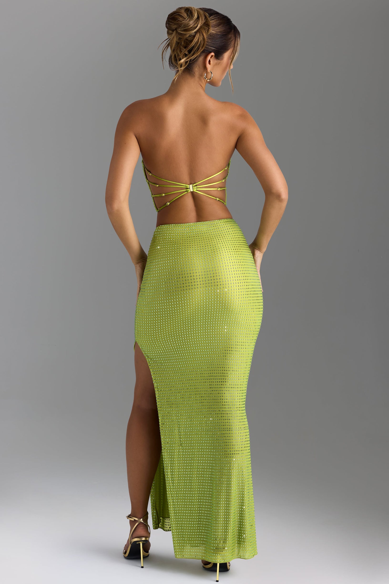 Embellished V-Waist Thigh-Split Maxi Skirt in Pear Green - 2