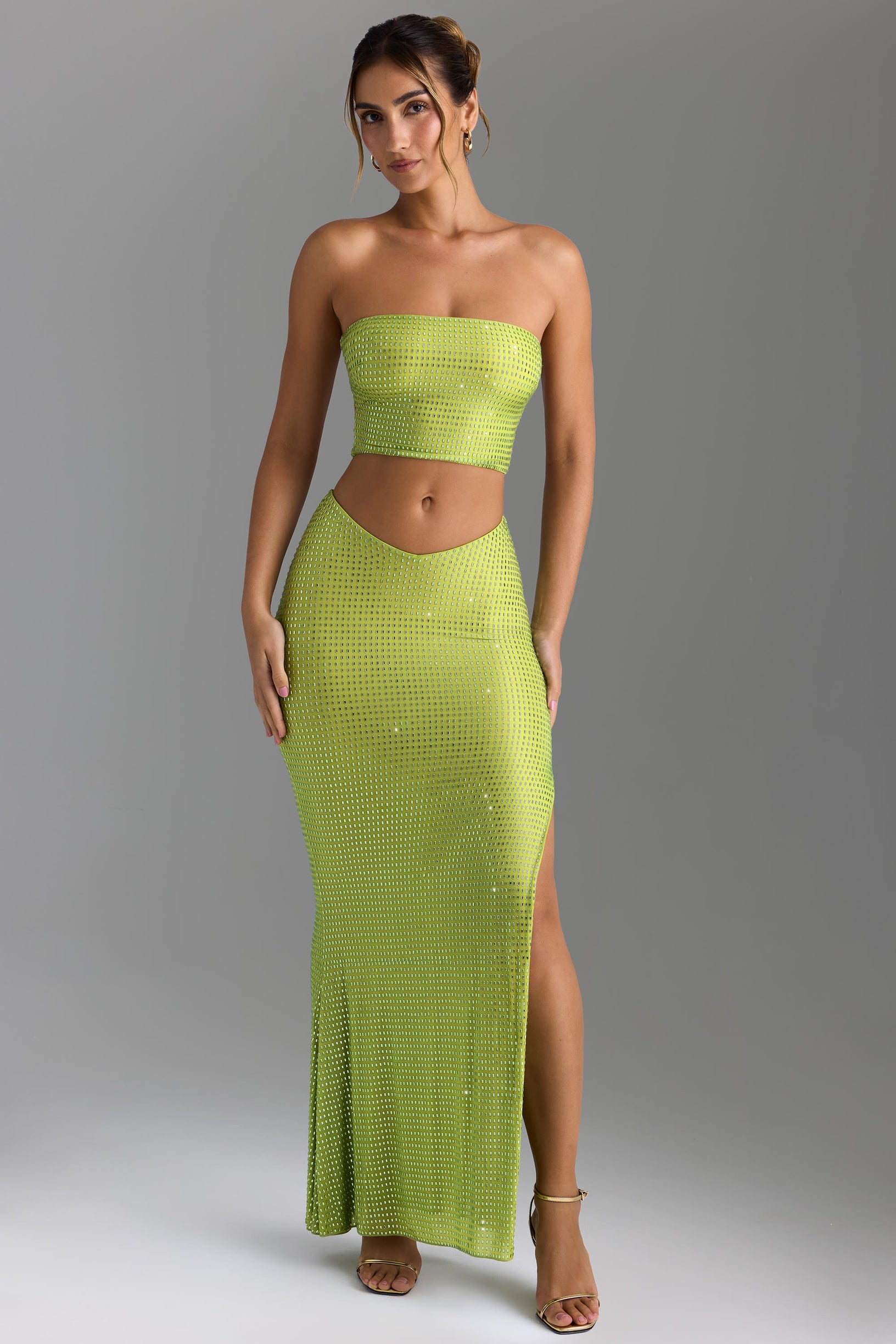 Embellished V-Waist Thigh-Split Maxi Skirt in Pear Green - 1