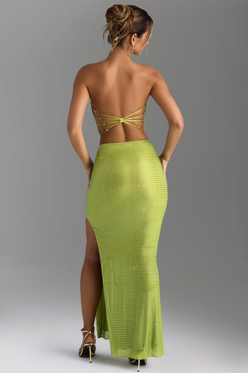 Embellished V-Waist Thigh-Split Maxi Skirt in Pear Green - 2
