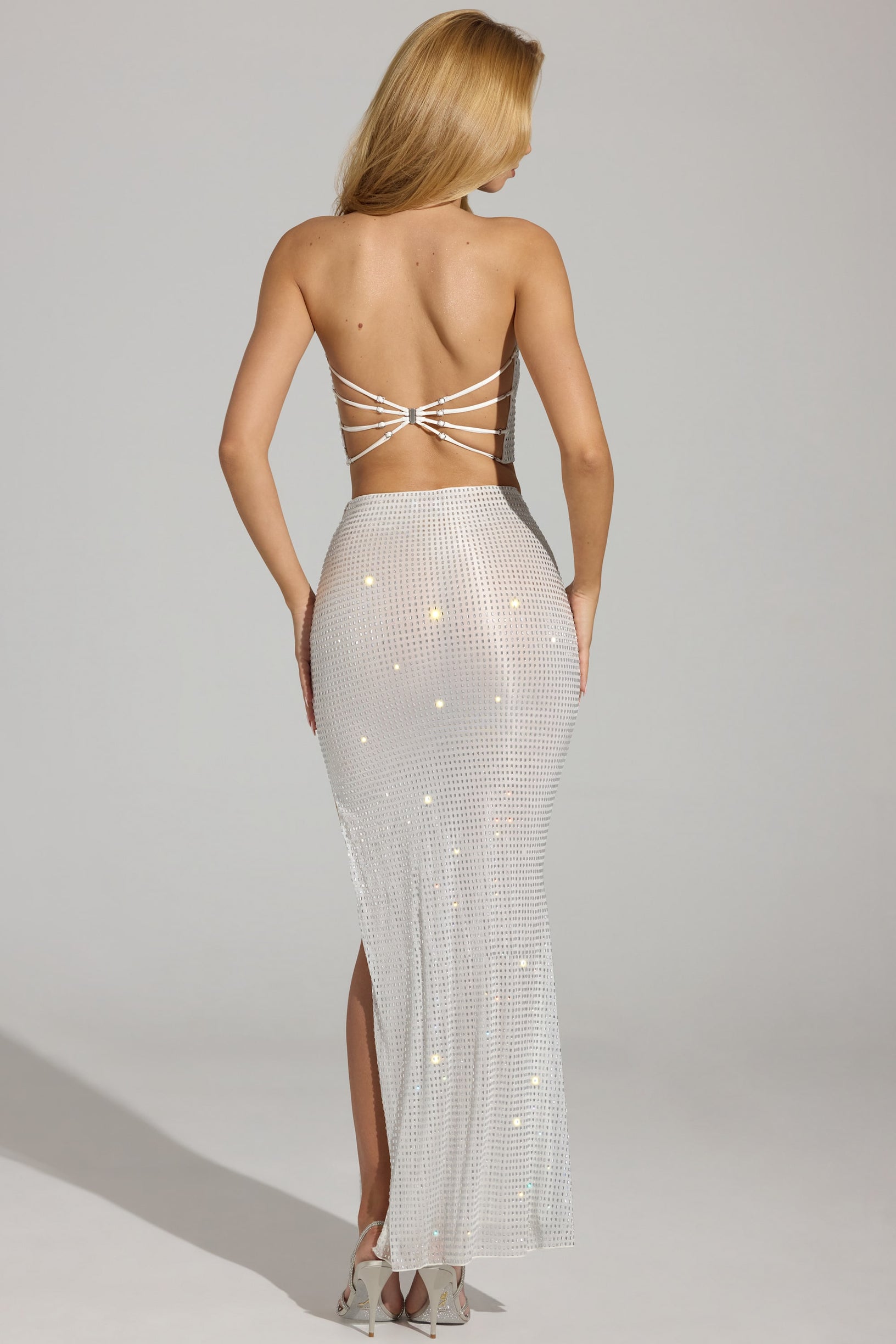 Embellished V-Waist Thigh-Split Maxi Skirt in White - 2