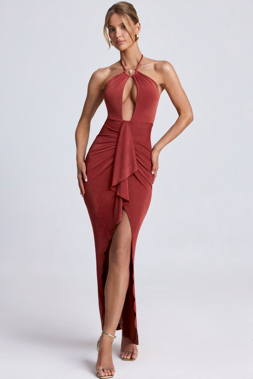 Hardware Detail Cut-Out Halterneck Maxi Dress in Auburn Brown - 1
