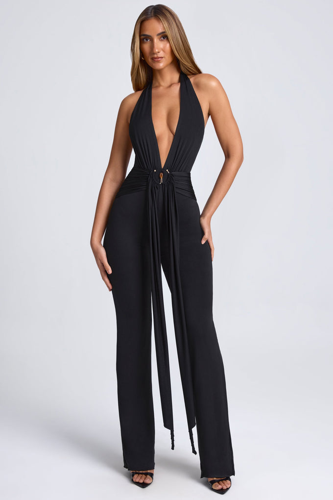 Hardware Detail Plunge Halterneck Jumpsuit in Black